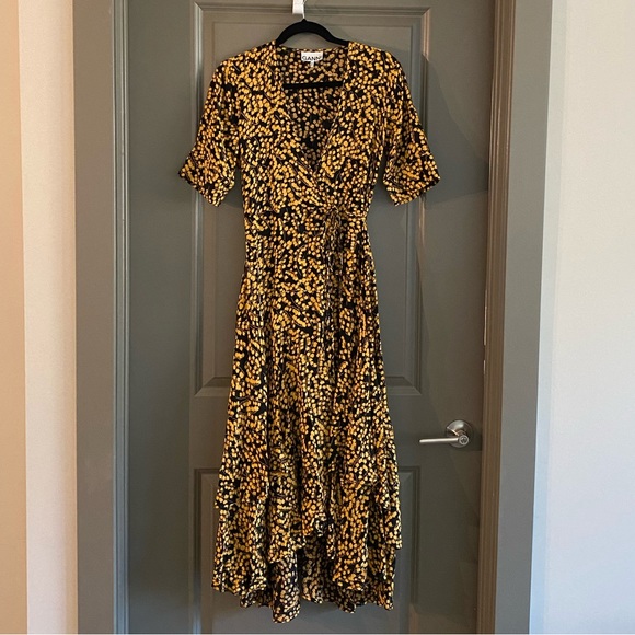 Ganni Dresses & Skirts - Ganni Dexter Goldstone Black and Gold Floral Midi Wrap Dress with Flared Skirt